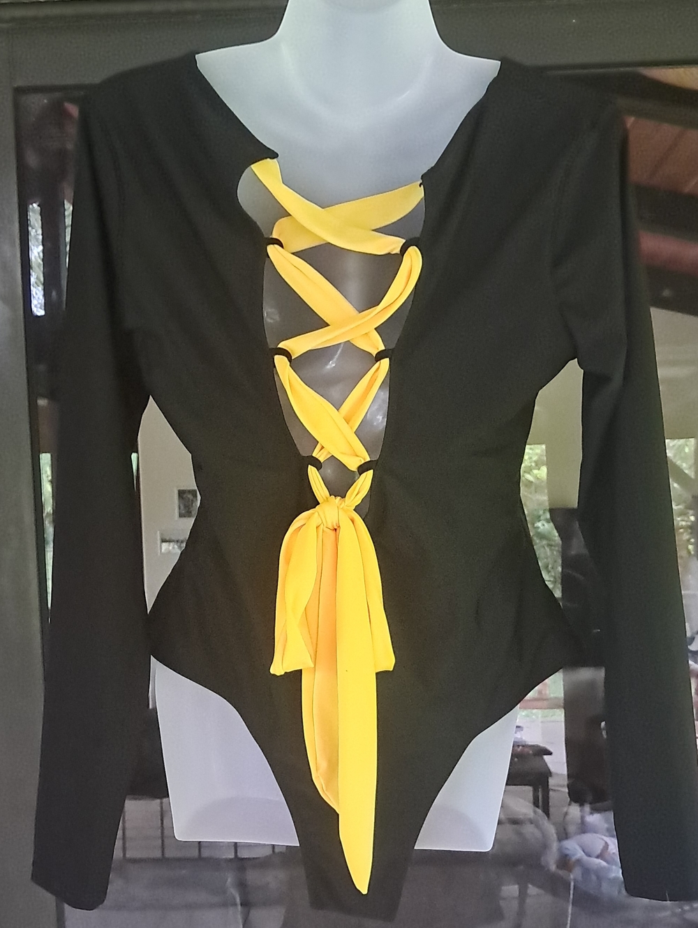 Black and Yellow Lace-Up Ladies Thong One Piece Swim suit